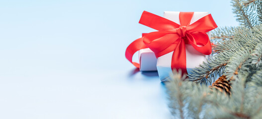 Christmas fir tree branch and gift box over blue