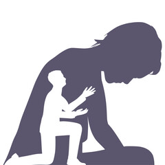 Silhouette of man in prayer pose. Man asking woman to marry or forgive him. Couple relationships