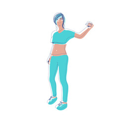 Standing woman. Sport girl illustration. Casual sportwear - t-shirt, breeches and sneakers. Young woman wearing workout clothes. Sport fashion girl outline in urban casual style.