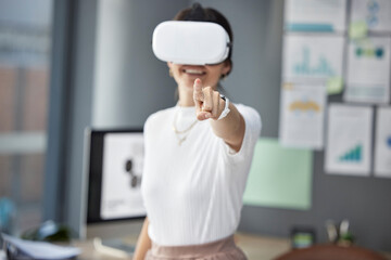 Pointing, overlay or woman developer with vr headset for web design project for website...