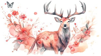 Watercolor realistic deer, flowers and butterfly, generative AI.