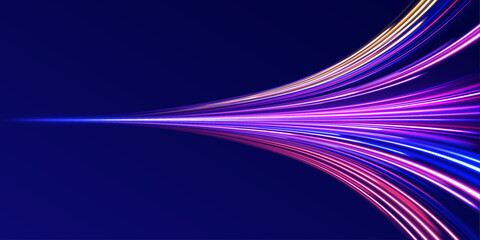 Neon stripes in the form of drill, turns and swirl. Illustration of high speed concept. High-speed light trails effect. Futuristic dynamic motion technology. 