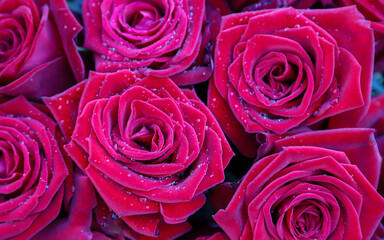 dark pink roses background with dew 