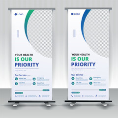 Modern healthcare and medical roll up design for hospital doctor clinic dental. standing banner template decoration for exhibition, printing, presentation, elegant layout. - obrazy, fototapety, plakaty
