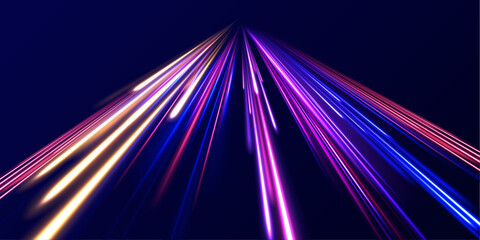 Panoramic high speed technology concept, light abstract background.  Curved light trail stretched upward. Fast speed car.