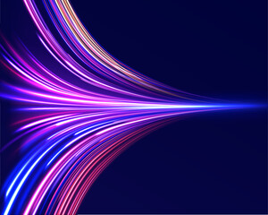 Panoramic high speed technology concept, light abstract background.  Curved light trail stretched upward. Fast speed car.