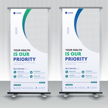 Modern healthcare and medical roll up design for hospital doctor clinic dental. standing banner template decoration for exhibition, printing, presentation, elegant layout.
