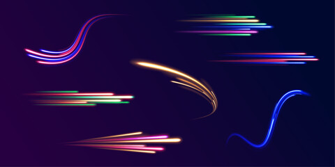  Big set of light neon lines in the form of swirl and spirals. Falling fireball meteorite. Vector illustration of a burning falling fireball meteor.  © ANATOLII