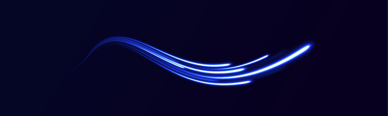 High speed effect motion blur night lights blue and red. Neon stripes in the form of drill, turns and swirl. Abstract neon color glowing lines background.