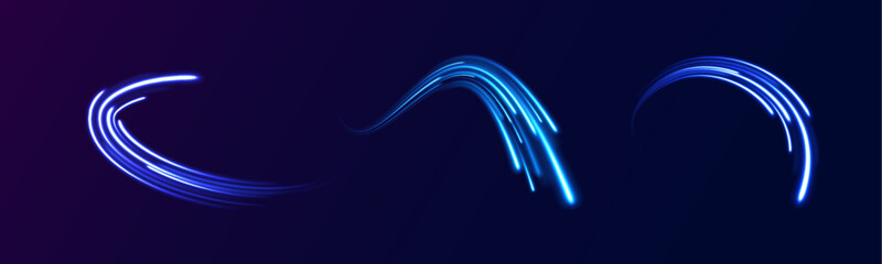 Blue glowing shiny lines effect comet vector background. Light everyday glowing effect. semicircular wave, light trail curve swirl, optical.