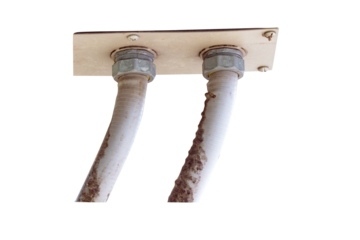 Front network electric cable with metal flex pipe connected under to Internet set-top box by nut. Installation of electrical wiring. Screws, wall mounting, safety good. Isolated on cut out PNG.