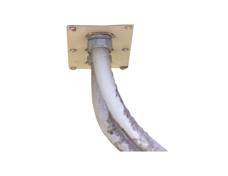 Network electric cable with metal flex pipe connected to Internet set-top box by nut. Installation of electrical wiring. Isolated on cut out PNG. With screws, wall mounting, safety good manage.