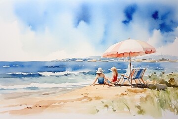 Fototapeta na wymiar Summer watercolor beach. tropical vacation paradise artwork Generative AI 