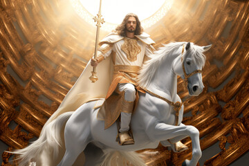Jesus Christ with the name of Michael sitting on a white horse Victory over the forces of evil Generative AI Illustration - obrazy, fototapety, plakaty