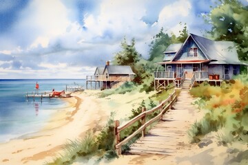 Fototapeta premium Summer watercolor beach. tropical vacation paradise artwork Generative AI 