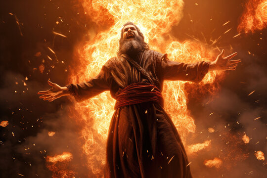 Elijah praying to God and causing fire to fall from heaven on the sacrificial altar facing the prophets of Baal Generative AI Illustration