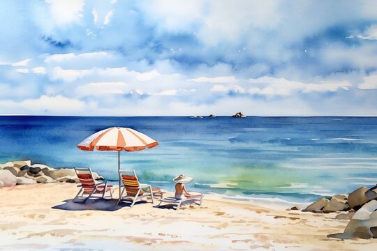Summer watercolor beach. tropical vacation paradise artwork Generative AI 