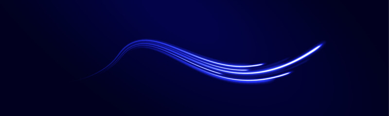 Vortex streams of neon light. Lines in the shape of a comet against a dark background. Magic of moving fast lines. Laser beams, horizontal light rays. Vector.	