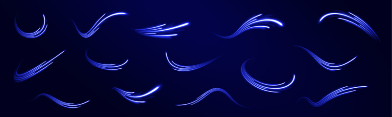 Vortex streams of neon light. Lines in the shape of a comet against a dark background. Magic of moving fast lines. Laser beams, horizontal light rays. Vector.	