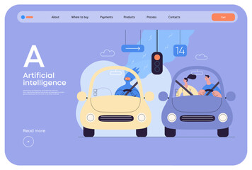Naklejka premium Artificial intelligence, Driving -modern flat vector concept illustration of An artificial intelligence-controlled car. Metaphor of autonomous vehicle, AI superiority and dominance concept