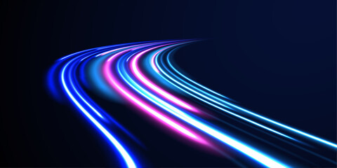 Car motion trails. Speed line motion vector background. Dynamic blue neon sport texture. Abstract neon background with shining wires. 