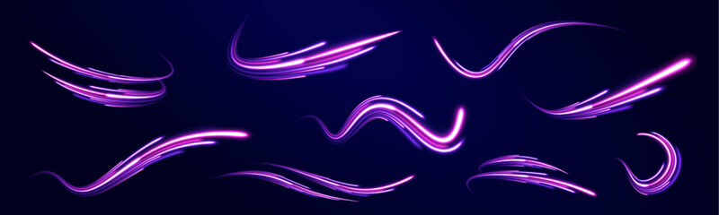 High speed effect motion blur night lights blue and red. Futuristic neon light line trails. 