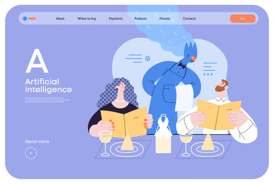 Artificial intelligence, Waiter -modern flat vector concept illustration of waiter AI taking order, giving advice on choosing in restaurant. Metaphor of AI advantage, superiority and dominance concept