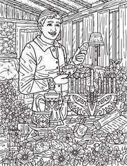 Hanukkah Man Eating Latkes Adults Coloring Page 