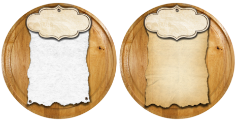 Circular wooden cutting boards with blank sheet of paper (parchment) and label, isolated on white or transparent background, template for recipes or food and drink menu, photography, top view. Png.