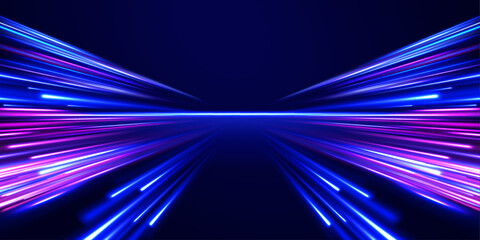 Panoramic high speed technology concept, light abstract background. Abstract neon background with shining wires. 