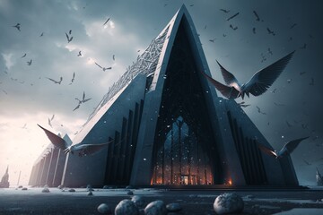 Faith and Spirituality Concept with Architecture, Sky and Birds with illuminated sky, Generative AI