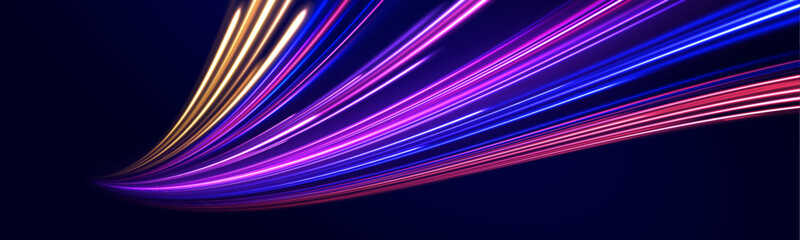 Purple glowing wave swirl. Light and stripes moving fast over dark background. Neon color glowing lines background, high-speed light trails effect. 