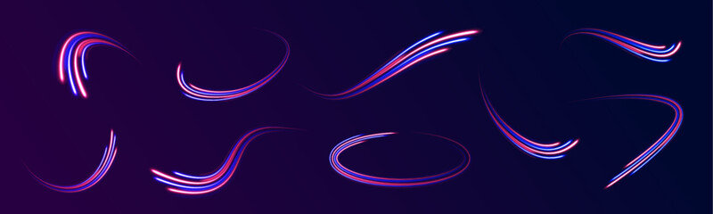 Fast speed car. Long yellow and red way effect. City light trails motion background. Illustration of high speed concept. Curved light trail stretched upward.