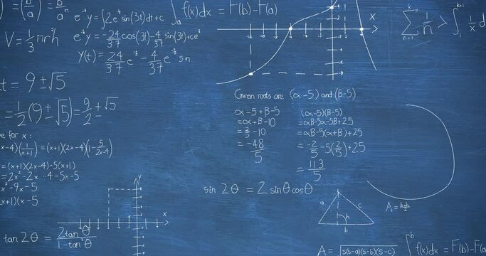 Animation of mathematical equations, formulas and diagrams against blue chalkboard background
