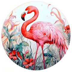 Beautiful flamingo in a circle with tropical flowers