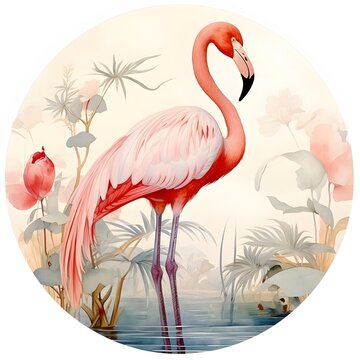 Beautiful flamingo in a circle with tropical flowers © Alex Bur