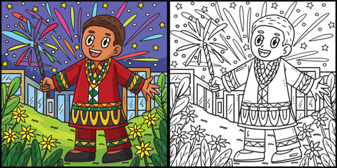 Juneteenth Boy and Fireworks Colored Illustration