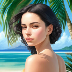 Close up portrait of a beautiful young woman on vacation with a tropical background.  Generative AI