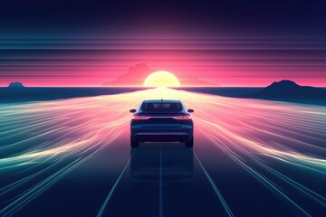 Obraz na płótnie Canvas Car Driving at Night in Synthwave Style Illustration