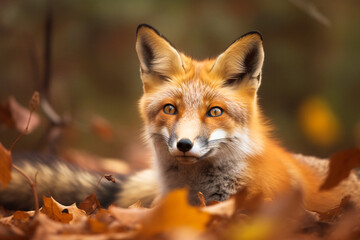 Obraz premium Cute red fox in autumn forest among colorful leaves looking straight into the camera. Wildlife nature environment preservation concept