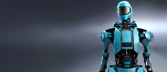 humanoid robot standing in front of studio background, robotic cyborg, blue dark studio background, banner, place for text, 3D rendering, artificial intelligence, copy space