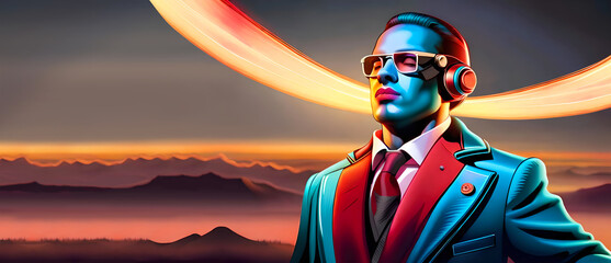 middle aged android man posing with tinted glasses and classy suit, eyes closed, vibrant colors, robotic man, cyborg, glowing lightray, thoughtful, meditation, calm dreamy landscape, retro wave