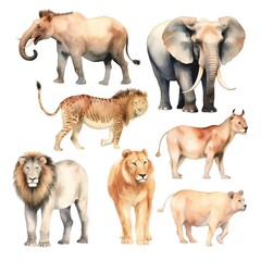 Fototapeta premium Vintage watercolor African Animals clip art set on white background Generative AI 
