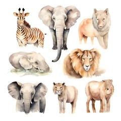 Obraz premium Vintage watercolor African Animals clip art set on white background Generative AI 