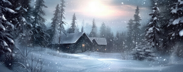 Fantastic winter landscape. Dramatic sunset sky in winter time. Beauty snow world, copy space for text. generative ai