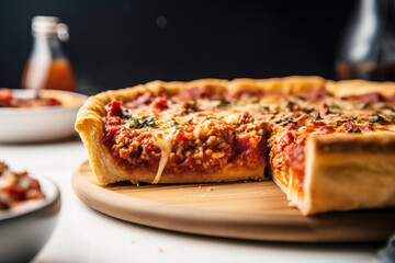 Delicious Chicago deep-dish pizza with Italian sausage beef rich tomato sauce peppers and melting cheese with cut out slice. Restaurant setting. Traditional American cuisine