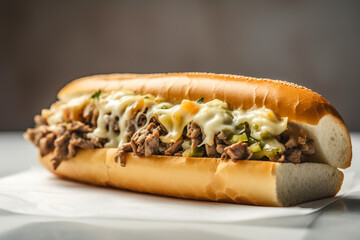 Delicious Philly cheesesteak with chopped ribeye steak with pickles green peppers onions and provolone cheese in a crisp roll. Traditional American cuisine