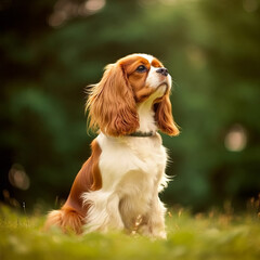 Cavalier King Charles Spaniel sitting on the green meadow in summer. Cavalier King Charles Spaniel dog sitting on the grass with a summer landscape in the background. AI generated illustration.