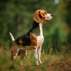 Beagle standing on the green meadow in summer. Beagle dog standing on the grass with a summer landscape in the background. AI generated illustration.