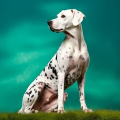 Dalmatian sitting on the green meadow in summer. Dalmatian dog sitting on the grass with a summer landscape in the background. AI generated illustration.